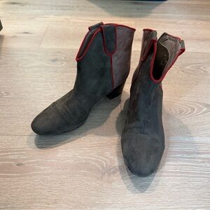 Anthropologie Gray Ankle Boots with Red Trim